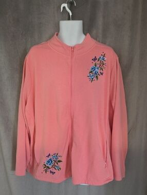 Women's 3x Coral Zip-Front Sweater Jacket with Floral Embroidery